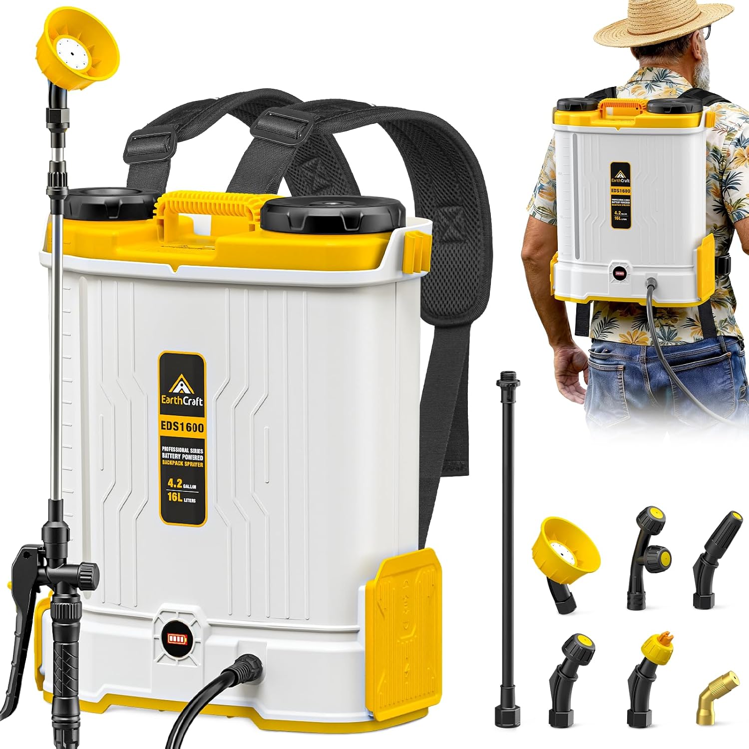 Power Tools Garden - 4.2ガロンバッテリー駆動のバックパックスプレーヤー、DeWalt 20Vバッテリー対応（本体のみ）、混合システム搭載、芝生、庭、ヤード用の6つのスプレーノズル付きバックパックガーデンスプレーヤー